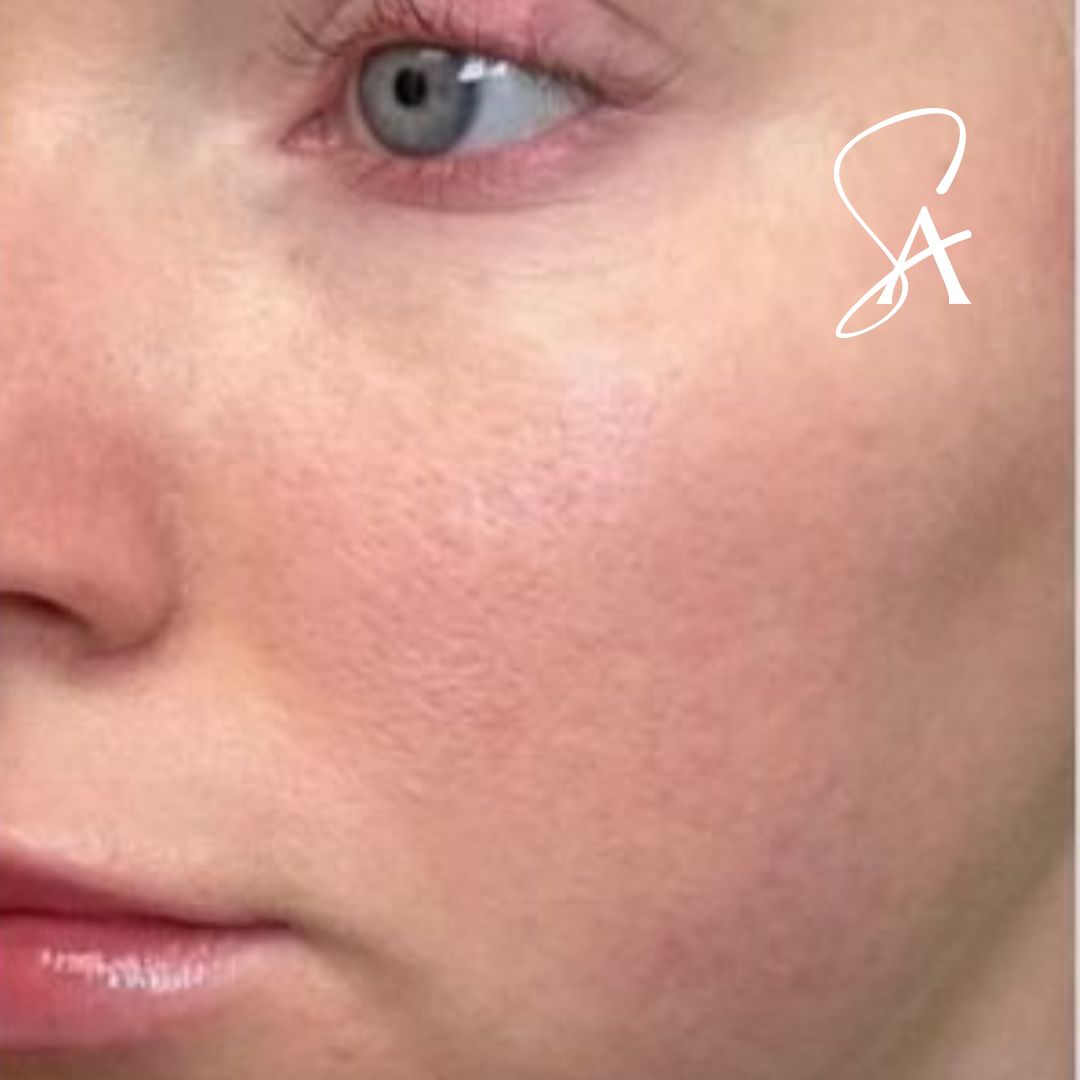 After microneedling: the same cheek with smoother, brighter skin.